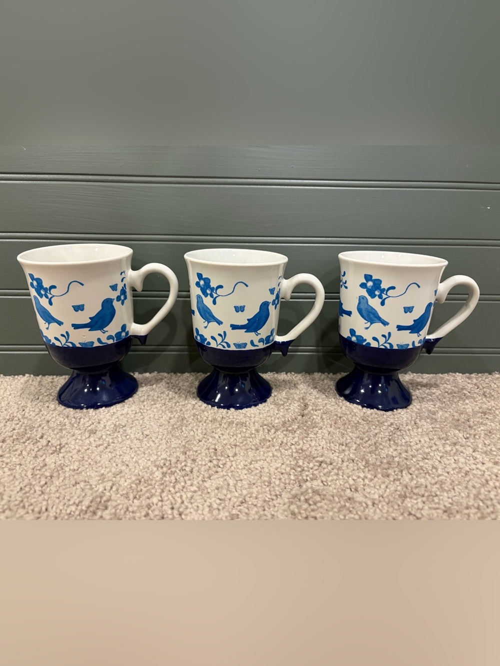 Vintage Cobalt Blue Bird Pedestal Ceramic Mugs - Set of 3
